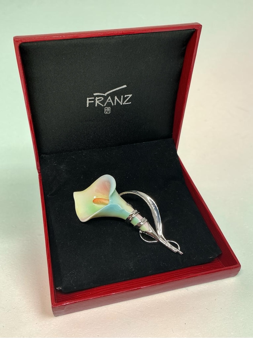 Franz Porcelain Calla Lily Brooch Rhodium Plated Metal Hand Painted Porcelain